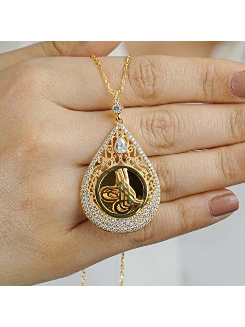 Damla Tasarımlı Tuğra Motifli Altın Kaplamalı 925 Ayar Gümüş Kadın Kolye 60 CM