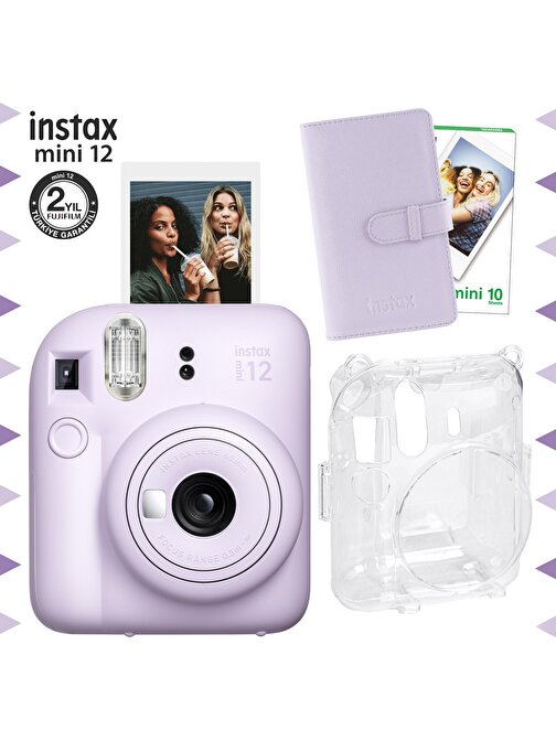 Instax mini 12 Lila Fotoğraf Makinesi-10'lu Film-Laporta Albüm ve Şeffaf Kılıf Seti