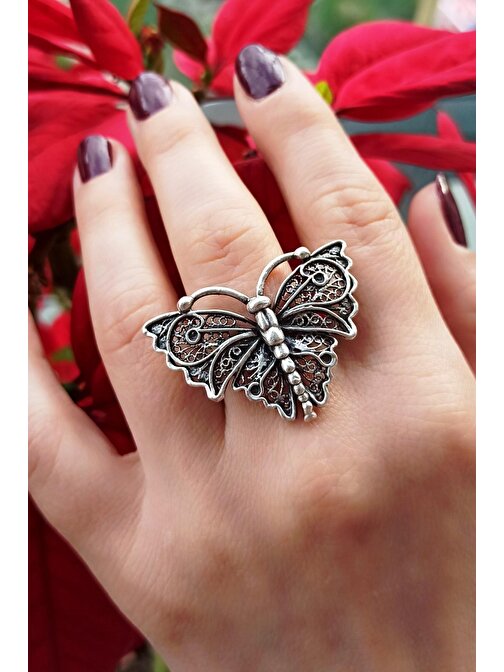 Kelebek Şekilli Kadın Yüzük Gümüş Kaplama Ayarlanabilir El Yapımı Kadın Yüzük