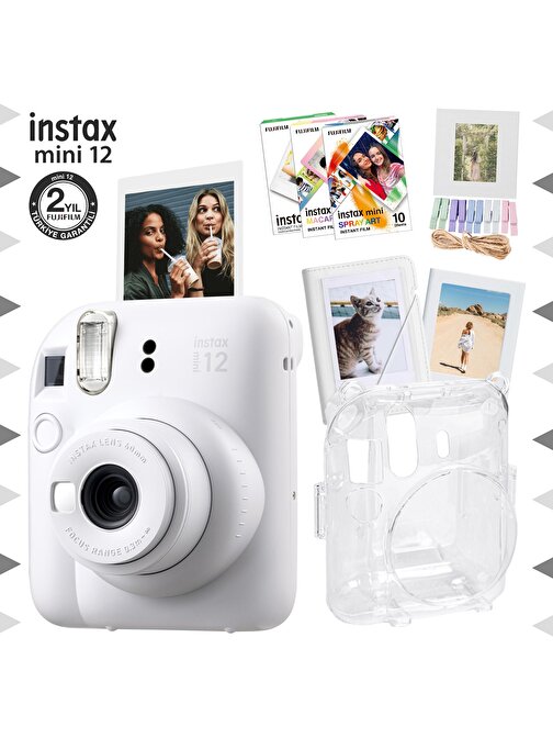 Instax mini 12 Beyaz Fotoğraf Makinesi-30'lu Film-Albüm-Mandal-Çerçeve ve Kılıf Mega Set 2