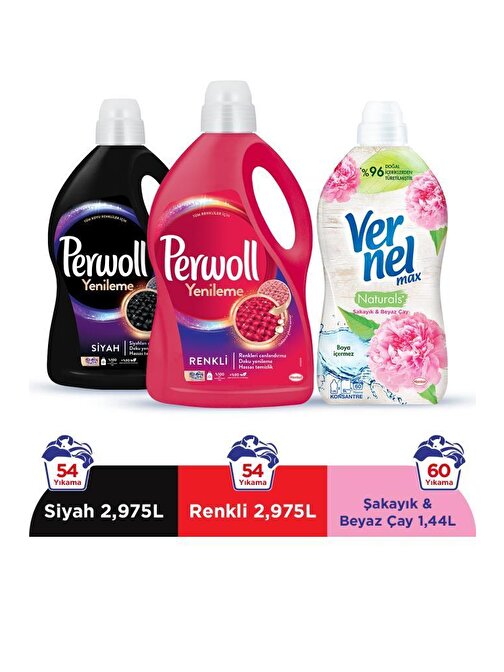 Perwoll Sıvı Çamaşır Deterjanı 2 x 3L (100 Yıkama) Siyah+Renkli+Vernel Max 1440ml Şakayık