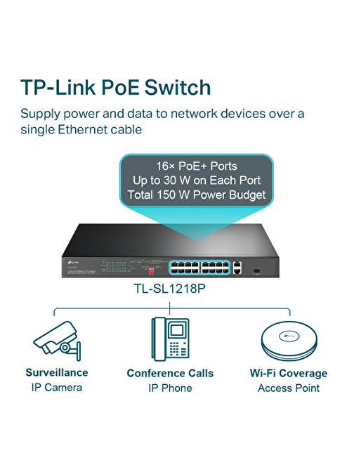 Tp-Link Tl-Sl1218P 8 Port Kablolu 16 Port Poe 150W Yönetilemez Kablolu Switch