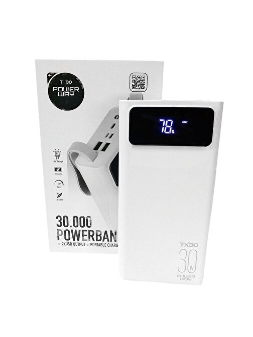 Powerway TX30 30000 mAh Diital Göstergeli USB Type-C Lighting Kablolu Powerbank