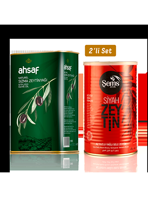 Natürel Sızma Zeytinyağı 1L -Teneke +Yağlı Sele Siyah Zeytin 900 Gr 291-320 Kalibre (2'li Ekonomik Paket)