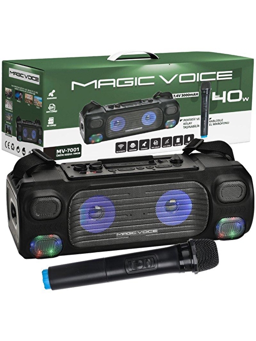 MAGICVOICE MV-7001 VHF EL MİK USB+SD+BT+UK 40 WATT IŞIKLI ŞARJLI SEYYAR ANFİ