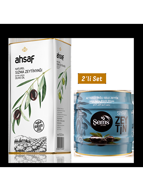 Şems Yağlı Siyah Sele  Zeytin 2 Kg 261-290 Kalibre + Soğuk Sıkım Natürel Sızma Zeytinyağı 5L -Teneke (2'li Ekonomik Paket)