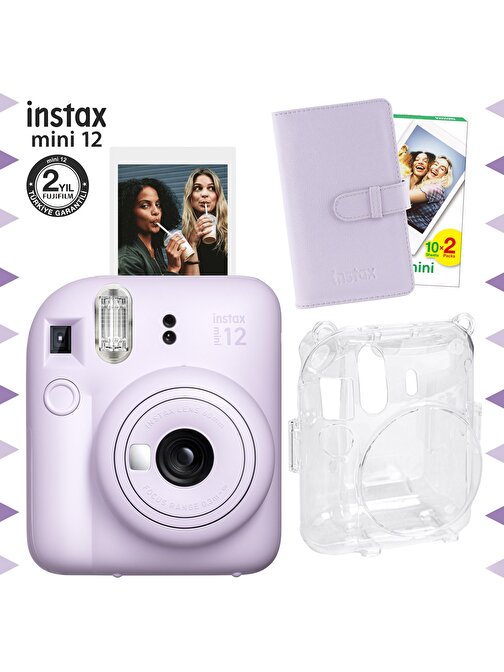 Instax mini 12 Lila Fotoğraf Makinesi-20'lu Film-Laporta Albüm ve Şeffaf Kılıf Seti