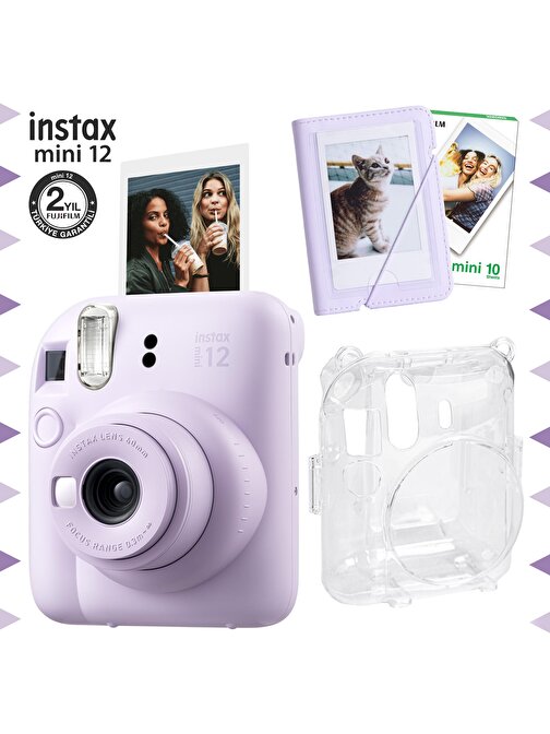 Instax mini 12 Lila Fotoğraf Makinesi-10'lu Film-Mini Albüm ve Şeffaf Kılıf Seti