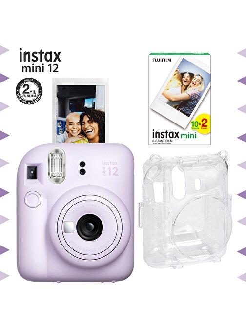 Instax mini 12 Lila Fotoğraf Makinesi-20'li Film ve Şeffaf Kılıf Seti