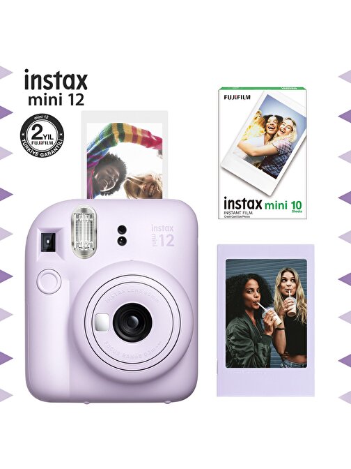 Instax mini 12 Lila Fotoğraf Makinesi-Çerçeve ve 10'lu mini Film Seti