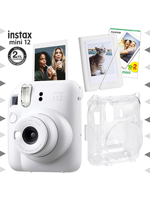 Instax mini 12 Beyaz Fotoğraf Makinesi-20'li Film-Mini Albüm ve Şeffaf Kılıf Seti