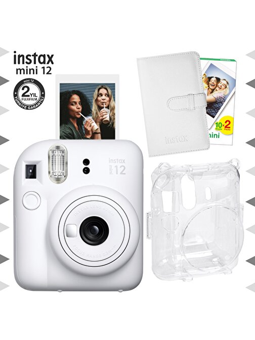Instax mini 12 Beyaz Fotoğraf Makinesi-20'lu Film-Laporta Albüm ve Şeffaf Kılıf Seti
