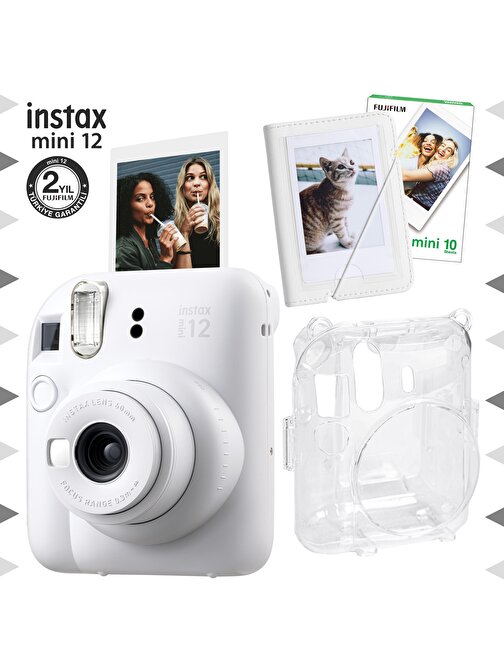 Instax mini 12 Beyaz Fotoğraf Makinesi-10'lu Film-Mini Albüm ve Şeffaf Kılıf Seti
