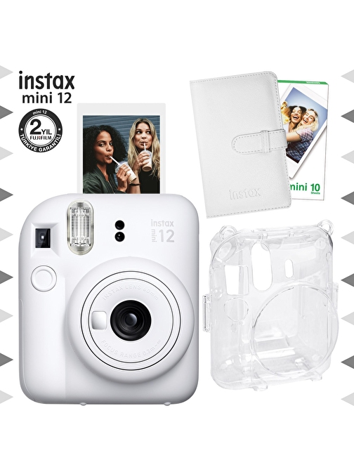 Instax mini 12 Beyaz Fotoğraf Makinesi-10'lu Film-Laporta Albüm ve Şeffaf Kılıf Seti