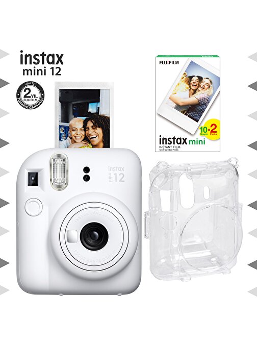 Instax mini 12 Beyaz Fotoğraf Makinesi-20'li Film ve Şeffaf Kılıf Seti