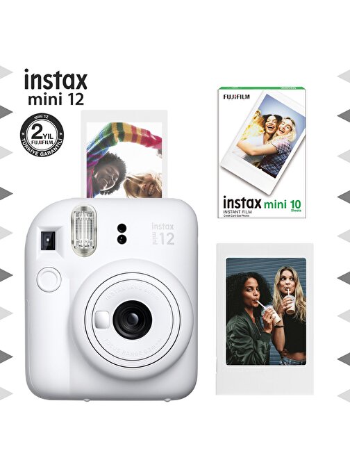 Instax mini 12 Beyaz Fotoğraf Makinesi-Çerçeve ve 10'lu mini Film Seti