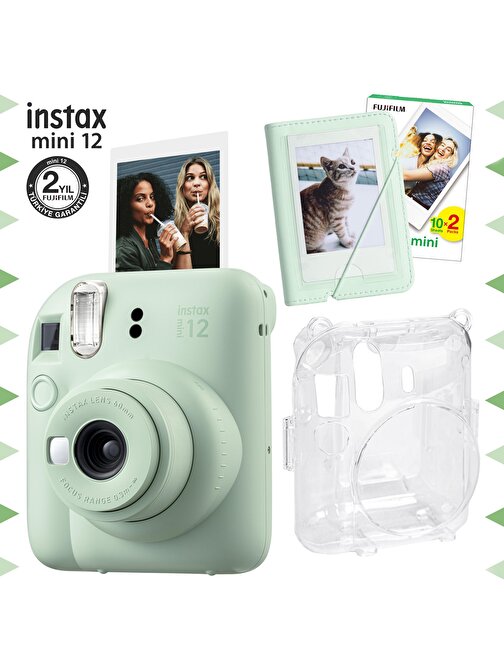 Instax mini 12 Yeşil Fotoğraf Makinesi-20'li Film-Mini Albüm ve Şeffaf Kılıf Seti