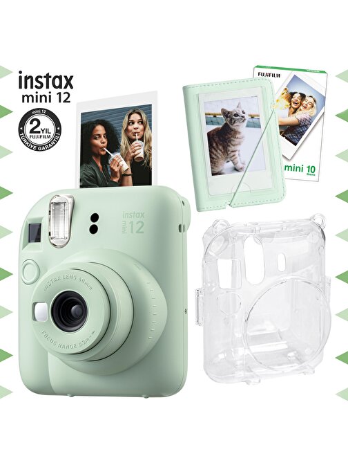Instax mini 12 Yeşil Fotoğraf Makinesi-10'lu Film-Mini Albüm ve Şeffaf Kılıf Seti