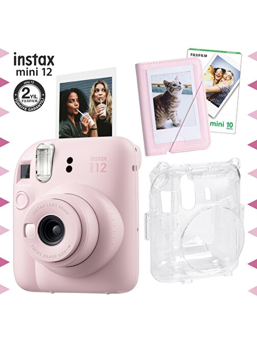 Instax mini 12 Pembe Fotoğraf Makinesi-10'lu Film-Mini Albüm ve Şeffaf Kılıf Seti