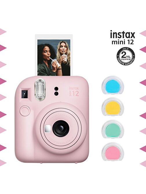 Instax mini 12 Pembe Fotoğraf Makinesi ve 4'lü Renkli Lens Seti