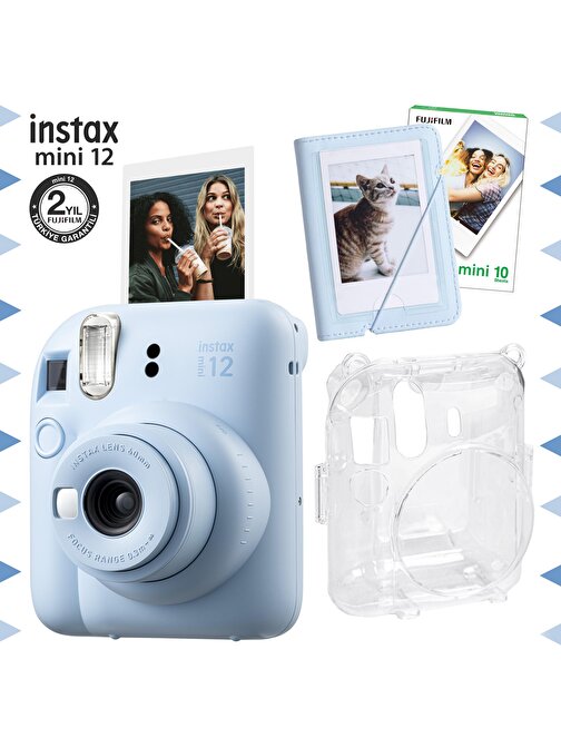 Instax mini 12 Mavi Fotoğraf Makinesi-10'lu Film-Mini Albüm ve Şeffaf Kılıf Seti