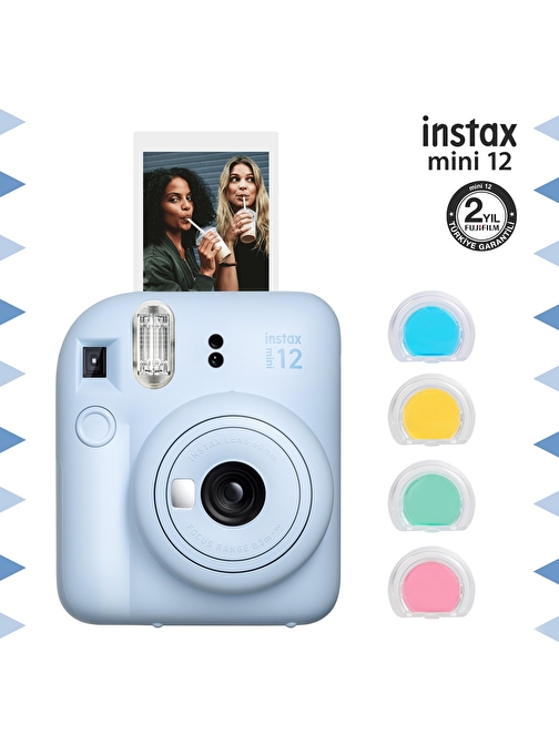 Instax mini 12 Mavi Fotoğraf Makinesi ve 4'lü Renkli Lens Seti