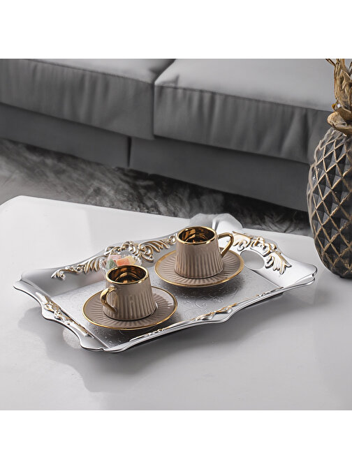 Porsima Galaxy K-390 Kabartmalı Dekoratif Çay Kahve Sunumluk Tepsi - Dikdörtgen Servis Tepsisi Gümüş