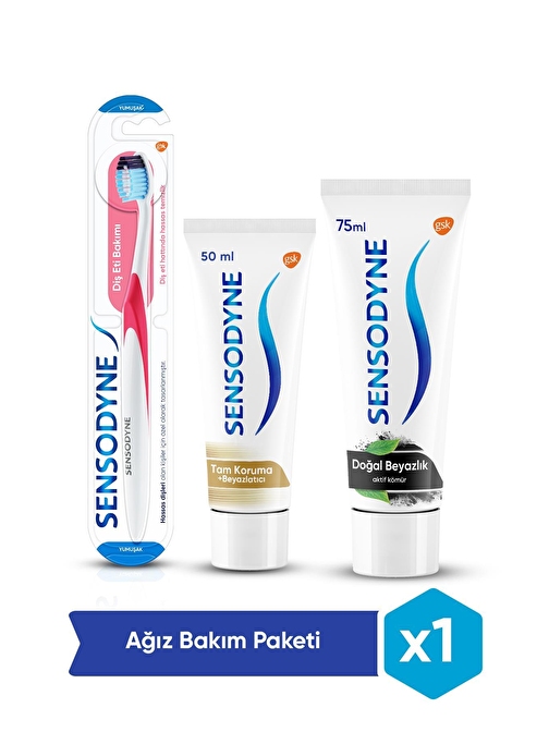 Sensodyne Doğal Beyazlık Kömürlü 75 ml + Tam Koruma Beyazlatıcı + Diş Eti Diş Fırçası