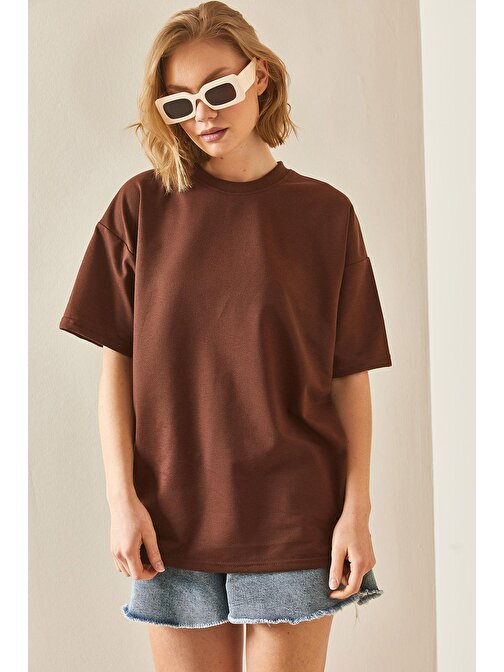 Kahverengi Oversize Basic T-Shirt 3YXK1-47087-18 | M