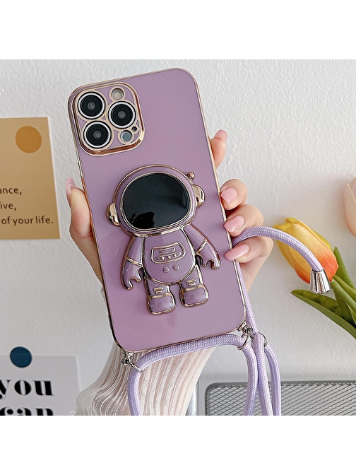 Coverzone Galaxy A34 ile Uyumlu Ipli Boyun Askılı Astronot Figürlü Silikon Kılıf Pastel Renkli Kılıf