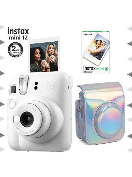 Instax mini 12 Beyaz Fotoğraf Makinesi-10'lu Film ve Parlak Kılıf Seti
