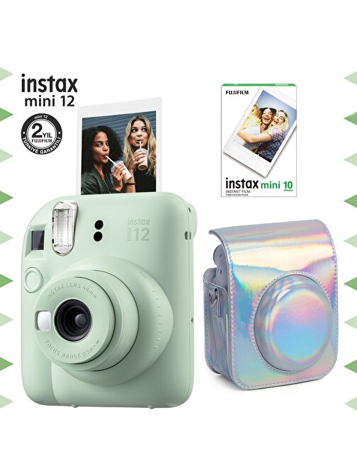 Instax mini 12 Yeşil Fotoğraf Makinesi-10'lu Film ve Parlak Kılıf Seti