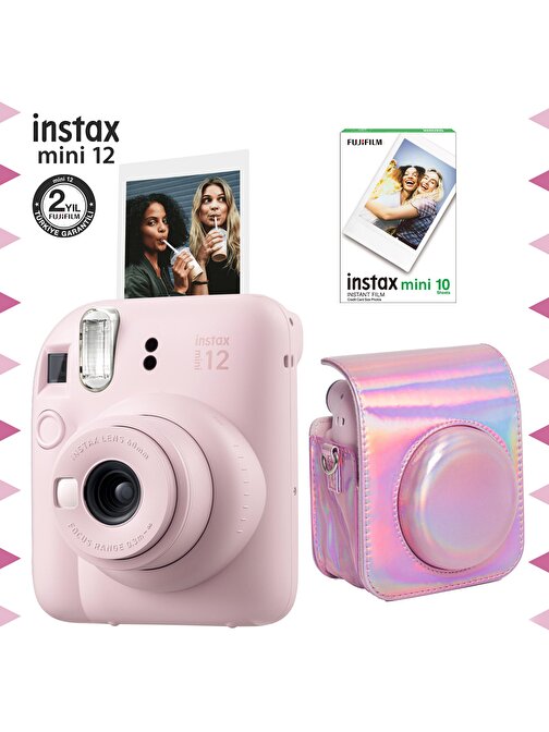 Instax mini 12 Pembe Fotoğraf Makinesi-10'lu Film ve Parlak Kılıf Seti