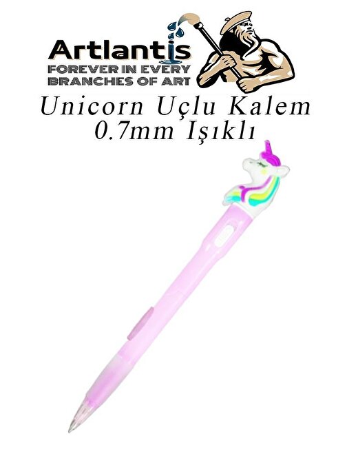 Artlantis Işıklı Unicorn Uçlu Kalem 0.7 Unicorn Başlıklı Versatil Kalem Süslü Silikonlu Hediyelik Kalem - Pembe