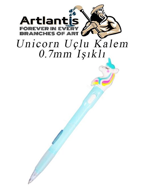 Artlantis Işıklı Unicorn Uçlu Kalem 0.7 Unicorn Başlıklı Versatil Kalem Süslü Silikonlu Hediyelik Kalem - Mavi