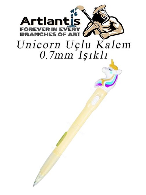 Artlantis Işıklı Unicorn Uçlu Kalem 0.7 Unicorn Başlıklı Versatil Kalem Süslü Silikonlu Hediyelik Kalem - Sarı