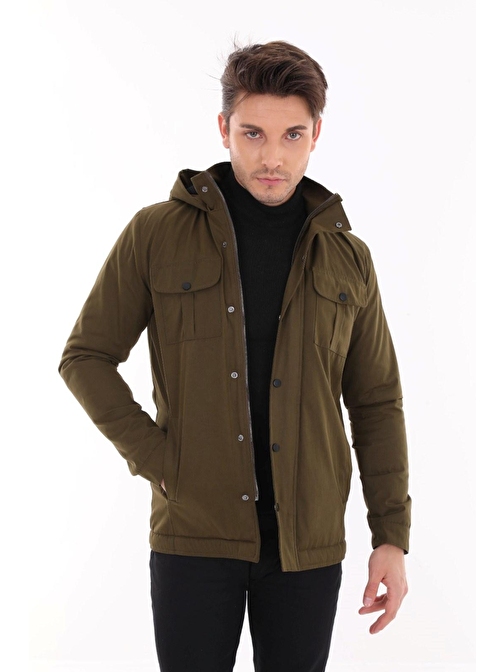 Tomıross Erkek Jake Slim Fit Kapüşonlu İçi Kürklü Kısa Mont Soğuk Geçirmez Bntdnr-8109