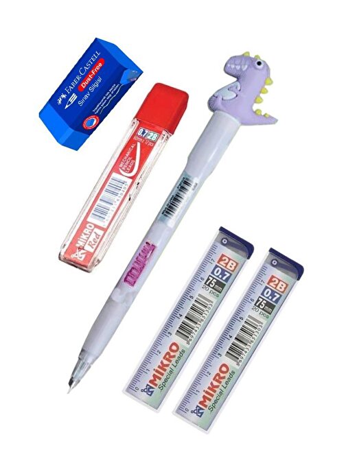 Artlantis Işıklı Dinazor Uçlu Kalem Seti Mor 0.7 mm 1 Paket Dinazor Başlıklı Versatil Kalem Süslü Silikonlu Hediyelik Kalem