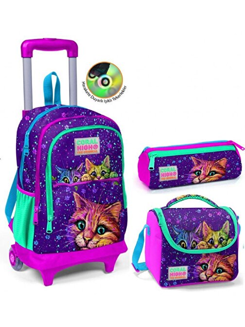 Coral High Su Geçirmez Mor Kedi Çekçek Okul Çantası Seti - Işıklı Tekerlekler - Kız Çocuk