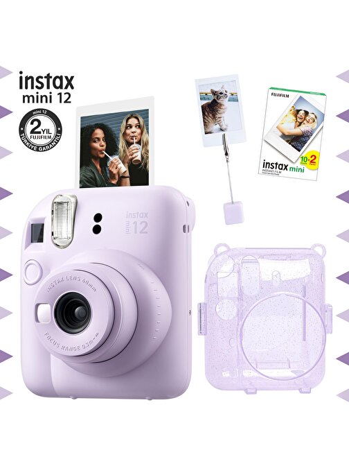 Instax mini 12 Lila Fotoğraf Makinesi-20'li Film-Kıskaçlı Resim Standı ve Simli Pleksi Kılıf Seti