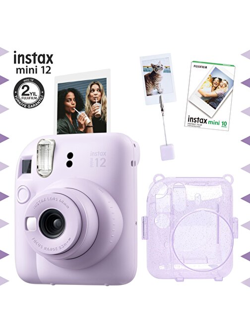 Instax mini 12 Lila Fotoğraf Makinesi-10'lu Film-Kıskaçlı Resim Standı ve Simli Pleksi Kılıf Seti