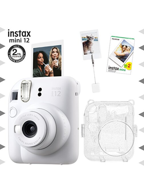 Instax mini 12 Beyaz Fotoğraf Makinesi-20'li Film-Kıskaçlı Resim Standı ve Simli Pleksi Kılıf Seti