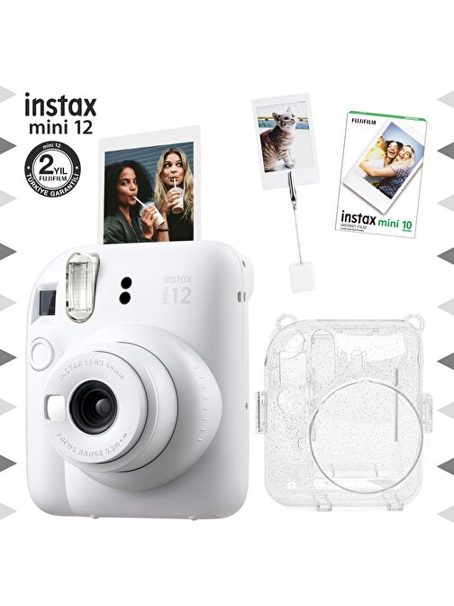 Instax mini 12 Beyaz Fotoğraf Makinesi-10'lu Film-Kıskaçlı Resim Standı ve Simli Pleksi Kılıf Seti