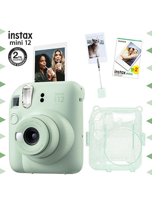 Instax mini 12 Yeşil Fotoğraf Makinesi-20'li Film-Kıskaçlı Resim Standı ve Simli Pleksi Kılıf Seti