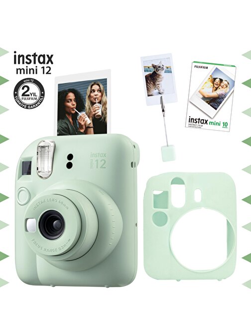 Instax mini 12 Yeşil Fotoğraf Makinesi-10'lu Film-Kıskaçlı Resim Standı ve Silikon Kılıf Seti