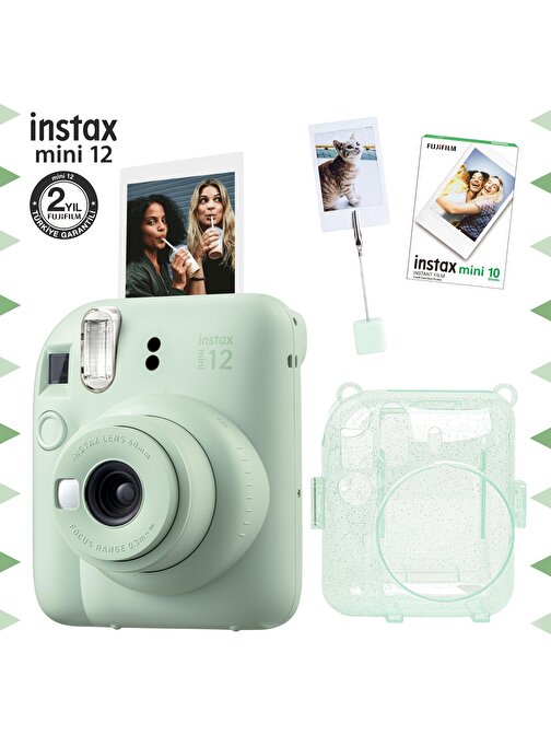 Instax mini 12 Yeşil Fotoğraf Makinesi-10'lu Film-Kıskaçlı Resim Standı ve Simli Pleksi Kılıf Seti