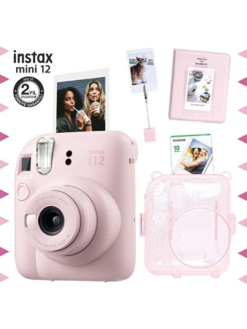 Instax mini 12 Pembe Fotoğraf Makinesi-10'lu Film-Kıskaçlı Stand-PVC Albüm ve Simli Pleksi Kılıf Seti