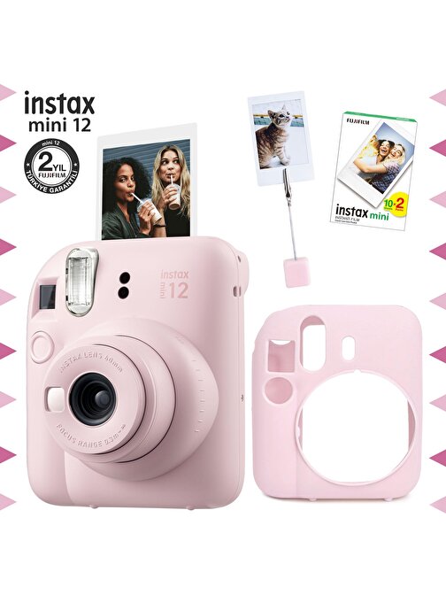 Instax mini 12 Pembe Fotoğraf Makinesi-20'li Film-Kıskaçlı Resim Standı ve Silikon Kılıf Seti