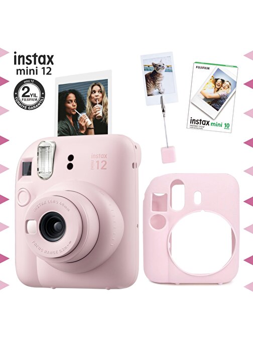 Instax mini 12 Pembe Fotoğraf Makinesi-10'lu Film-Kıskaçlı Resim Standı ve Silikon Kılıf Seti