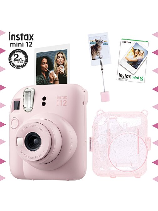 Instax mini 12 Pembe Fotoğraf Makinesi-10'lu Film-Kıskaçlı Resim Standı ve Simli Pleksi Kılıf Seti